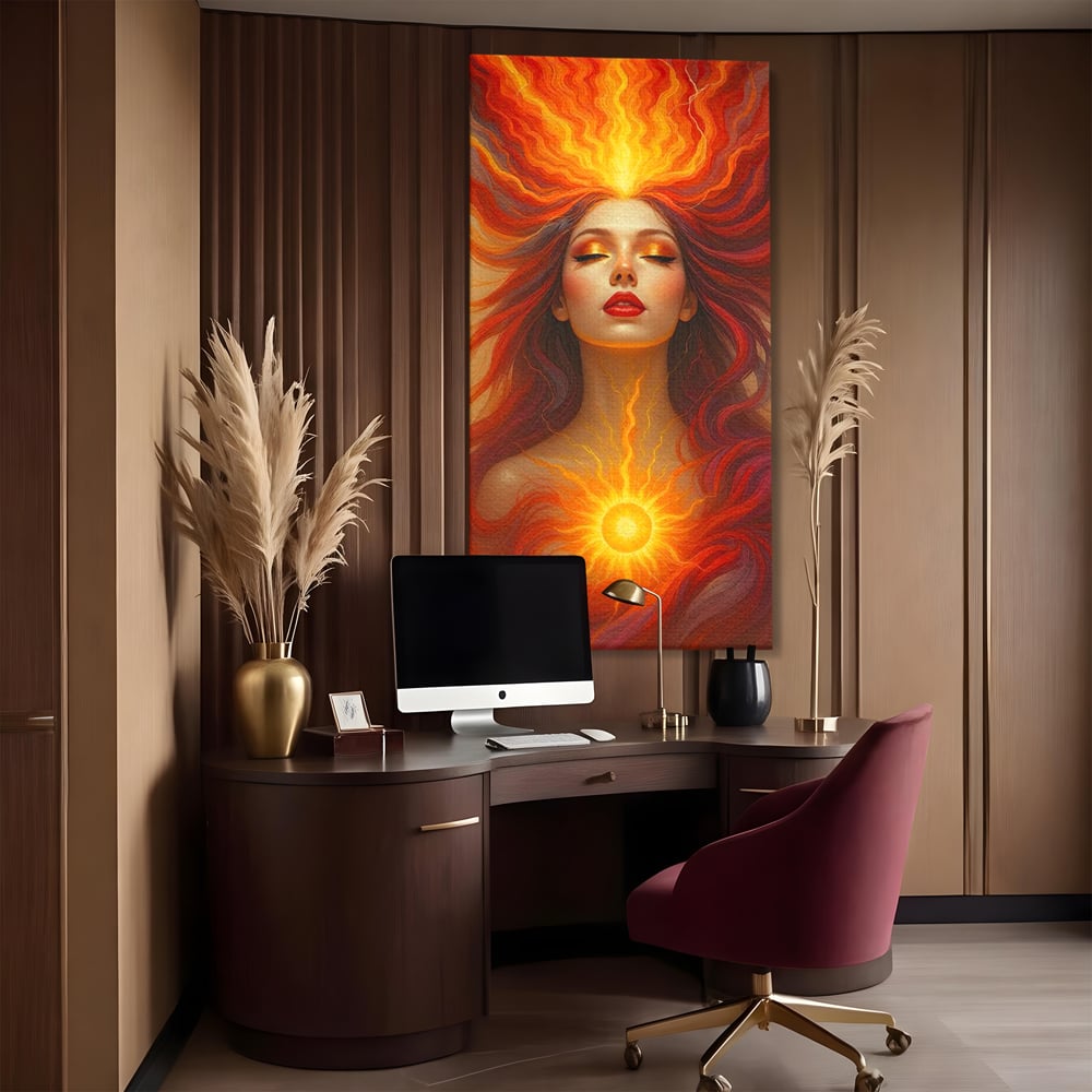 Tablou canvas cu tablou canvas cu zeita focului, fara rama, pe sasiu de lemn, pe perete intr-un birou